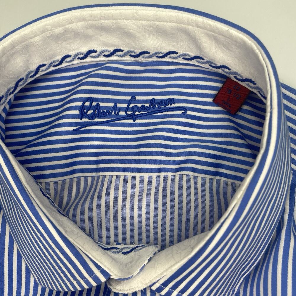 Robert Graham Mens Large Button Shirt Stripe Blue 16 1/2 Long Sleeve 100% Cotton